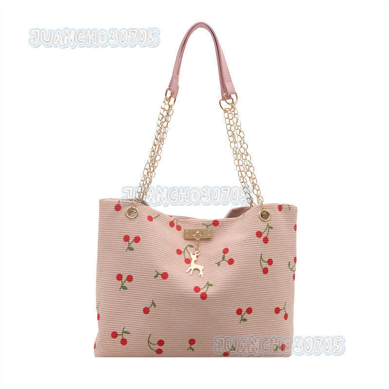 Trend Corduroy Underarm Bag for Women 2025 New Summer Cherry Print Artistic Tote Bag H250910