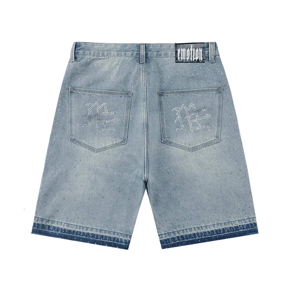 Flash Diamond Bing MIXED EMOTION Vintage Washed Denim Shorts Men Women Rhinestone Jean Breeches 250825