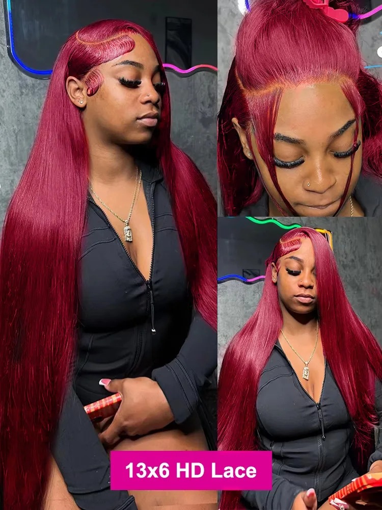 30 40 Inch Burgundy High Density Red Color Preplucked Hairline Wear And Go 13x6 HD Lace Frontal Human Hair Wigs Gluelesss Straight Lace Front Wig For 