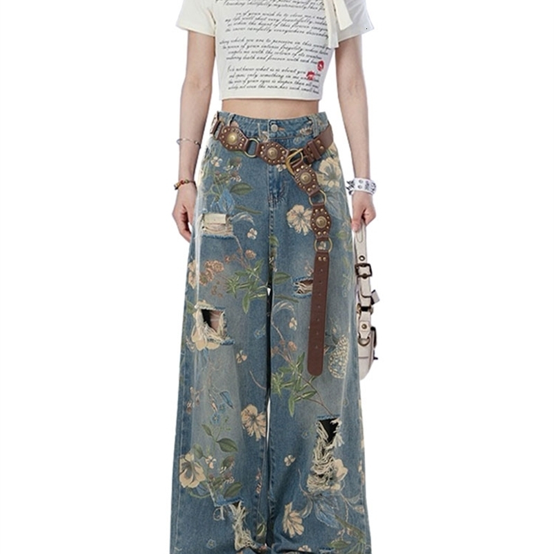 Women Y2k Graphic Print Ripped Jeans Baggy Harajuku 90s Aesthetic Denim Trousers Vintage Japanese 2000s Style Trashy Jean Pants Z260313