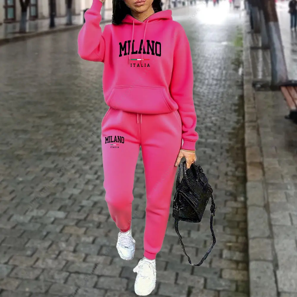 Autumn Winter Womens Sets 2pcs Hoodies Pants Suit Sports Outfits 2025 MILANO Letter Print Aesthetic Clothes Ladies Tracksuit 250826