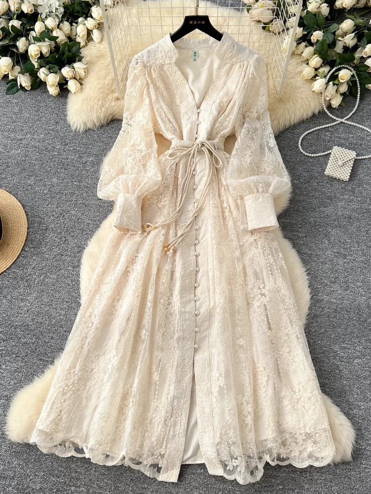France Elegant Vintage High End Evening Dress Women Embroidery Sashes Long Party Dress Female Casual Fit Chic Clothing 250825