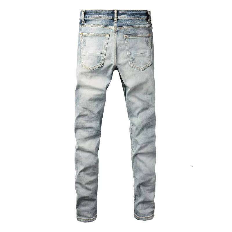 New Arrival Men's Light Blue High Street Straight Fit Jeans Casual Slim with Ripped Patch Design Elastic Small Leg OEM Available