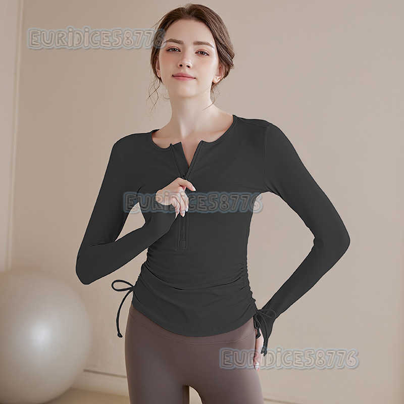 Highend Drawstring Yoga Long Sleeve Tshirt for Women 2025 Autumn Winter Sports Waist Slimming Running Fitness Top H250825