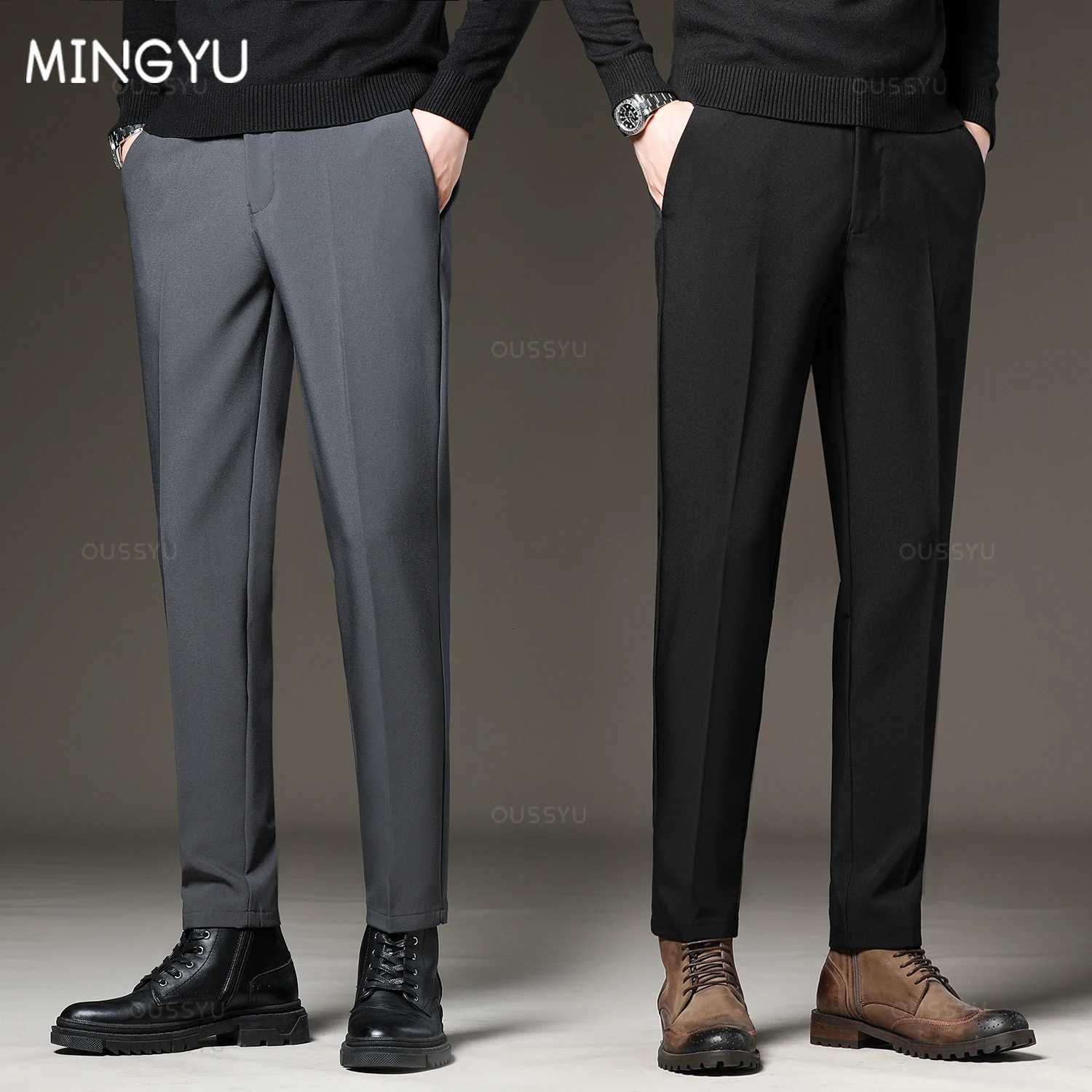 New Mens Suit Pants Slim Business Office Elastic Waist Black Gray Classic Pant Korean Trousers Male Plus Size 2738 40 42 W250826