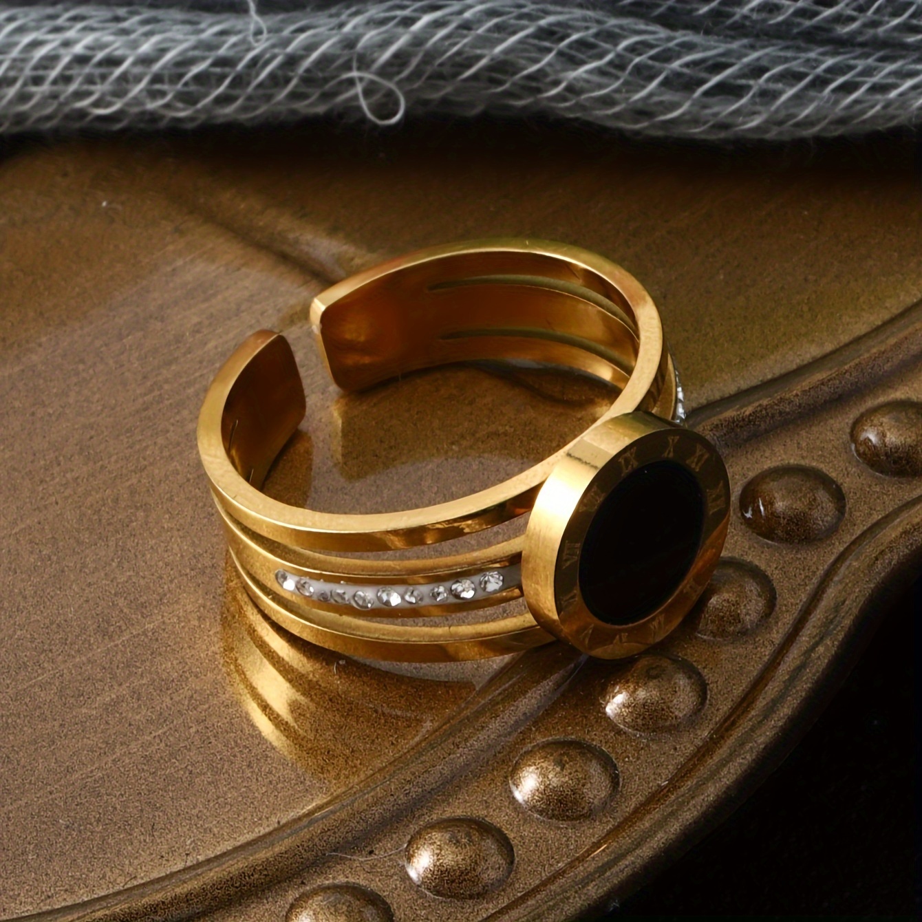 1 Piece Fashion Simple Open Geometric Stainless Steel Women's Accessories New Trend Round Roman Numeral Rhinestone Gold Ring Daily Party Prom Vac