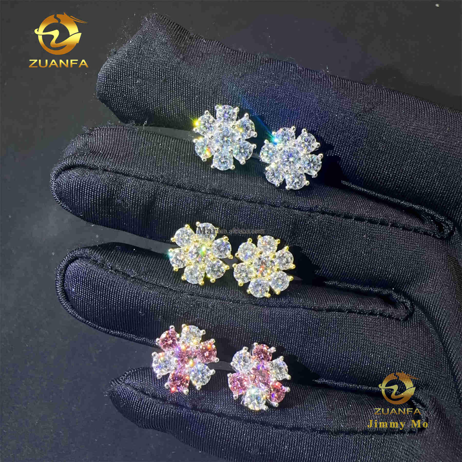 Bulk Stock Flower Shape Drop Shipping Luxury Iced Out Hip Hop Sterling Silver 925 Screw Back Moissanite Cluster Stud Earrings