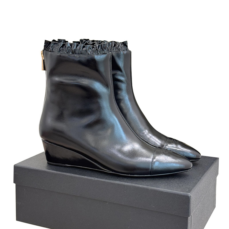 Women Pointed Toes Wedge Platform Heels Ankle Boots Designer Tweed Cowhide Zippers Leisure Shoe Outdoor Casual Shoes With Dust Bags Snow Booties