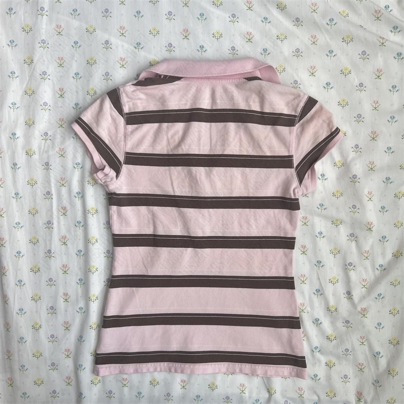 Stripes Maiden Chic Vintage Sweet Clothing Y2K Elegant Woman Tshirts Cute Slim Aesthetic Polo Tops Classic Harajuku Fashion Tee 250825