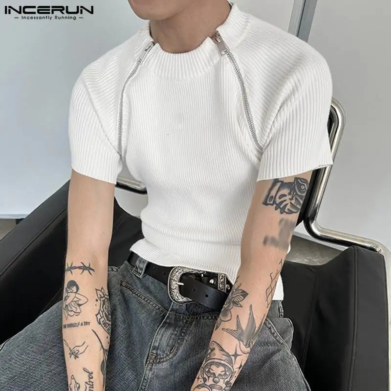 Handsome Well Fitting Tops INCERUN Mens Deconstructed Double Zipper n Tshirts Casual Striped Short Sleeved Camiseta S5XL 250825