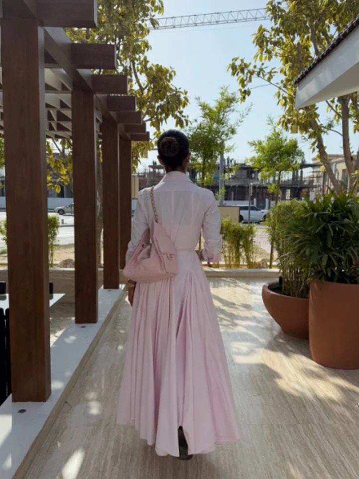 Elegant Solid Shirt Maxi Skirt Dress Set Womens Formal Long Sleeve Lapel Shirts Aline Skirts Loose Fit Office Female Outfit 250825