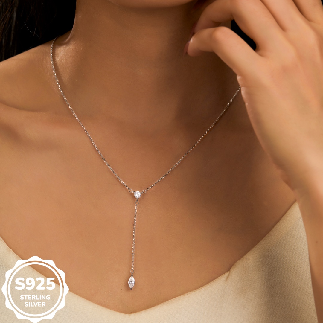 MT 925 Sterling Silver Y-Shaped Marchioness CZ Pendant Charm Necklace, Women's Fine Jewelry Necklace Wholesale