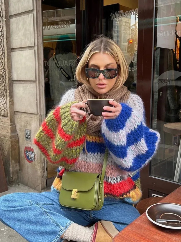 Rainbow Striped Sweater Round Neck Loose Color Contrast Casual Pullover Soft Waxy Thick Knit Sweaters Fashion Women Knitwear Top 250826