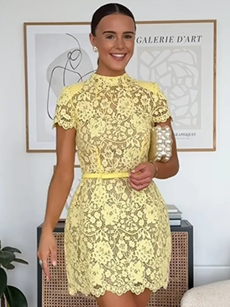 Chic Butter Yellow Lace Print Mini Dress Womens Elegant Short Sleeve Oneck High Waist Gowns 2025 Lady Holidays Street Vestidos 250826