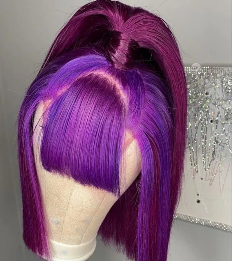 Short Bob Wig 180% Dark Purple Lace Front Wigs For Women Preplucked Hairline Gluelesss 13x4 Straight Human Hair Wig High Density