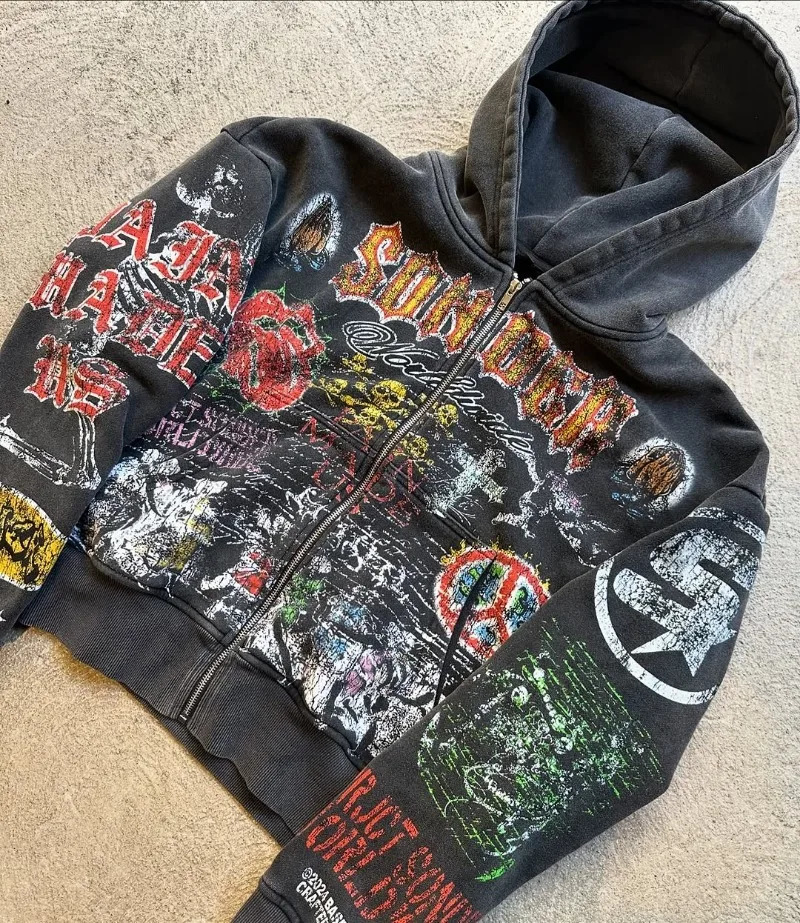 American Retro Skull Graphic Zipper Hoodie Men Gothic Punk Trendy Streetwear Jacket Hip Hop Harajuku Y2K Oversized Sweatshirt 250825