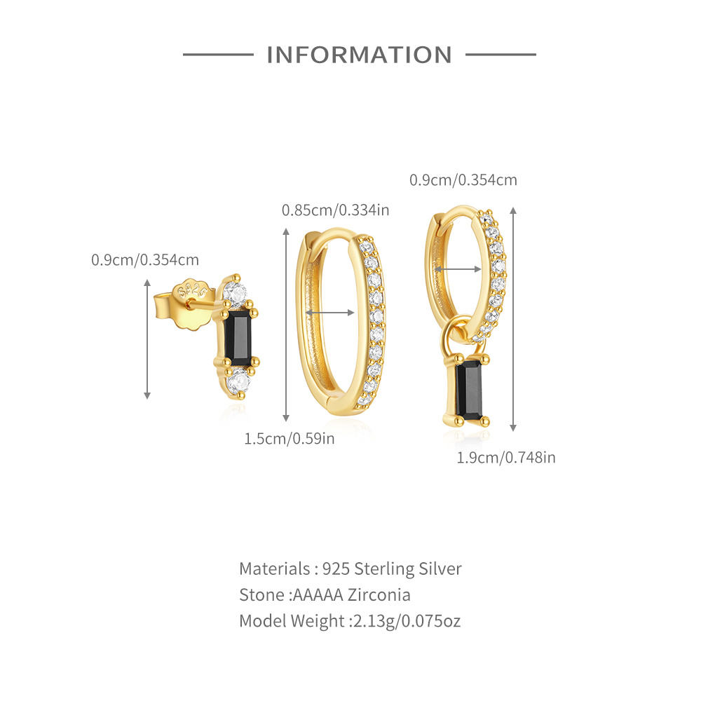 MT 3-Piece Earring Set 18K Gold Plated Sterling Silver Drop Earrings with Sparkling 5A Black Zirconia Stud Earrings Set for Men Women High quality Who