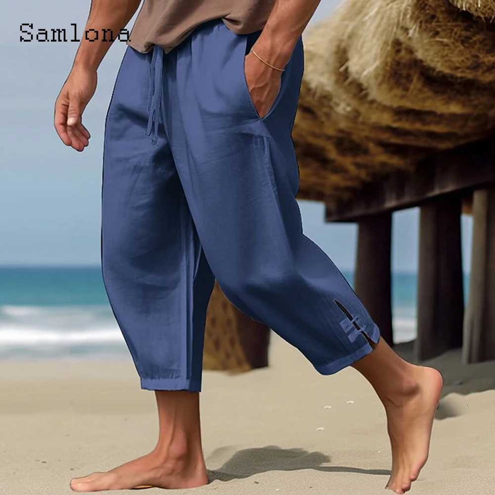 2023 Men Elegant Fashion Buckle Cuff Linen Pants Solid White AnkleLength Trousers Plus Size Mens Casual Drawstring Sweatpants W250826