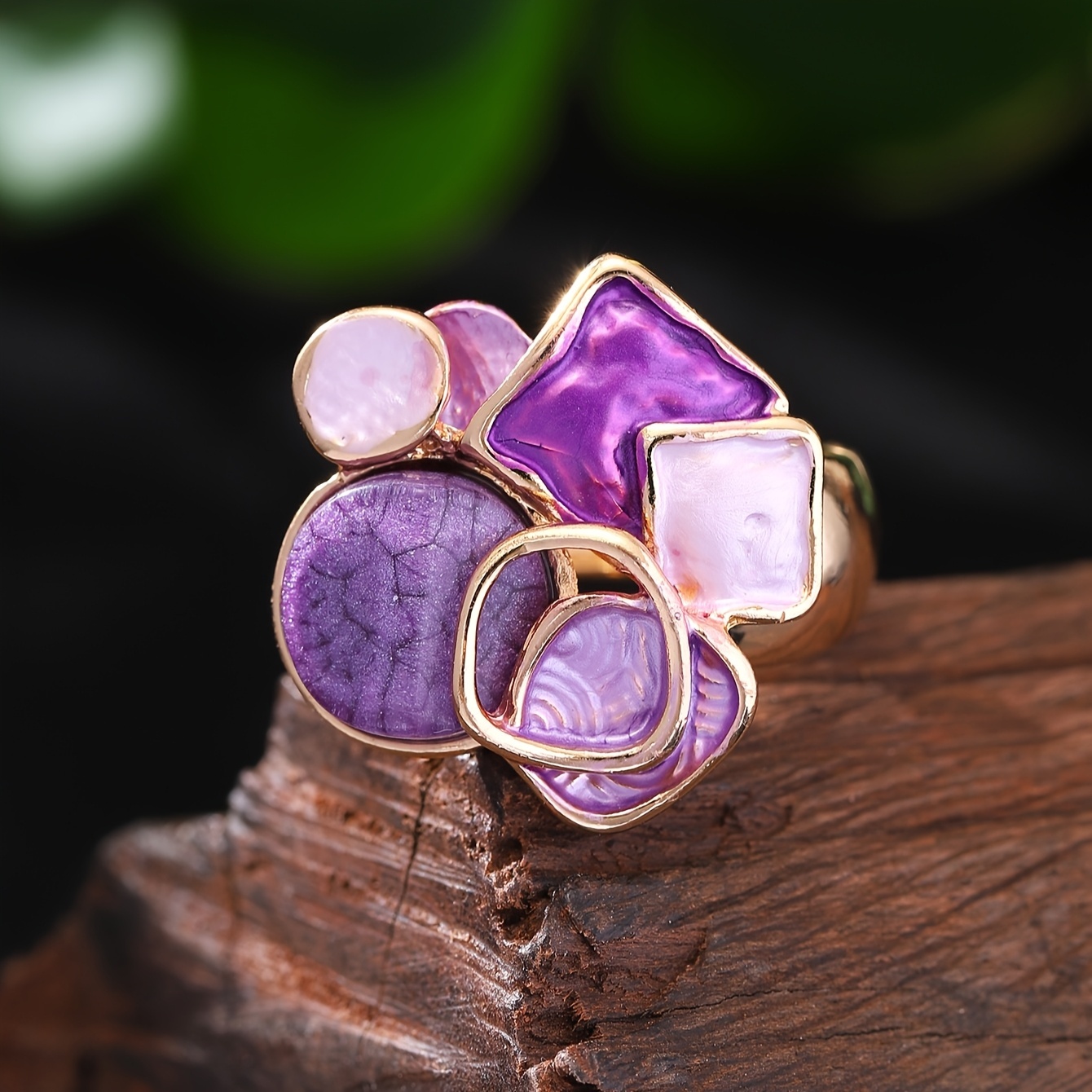 A Women's Fashion Bohemian Elegant Geometric Adjustable Elastic Ring Spring Summer New Zinc Alloy Purple Thin Coating Craft Simple Inlaid Resin S