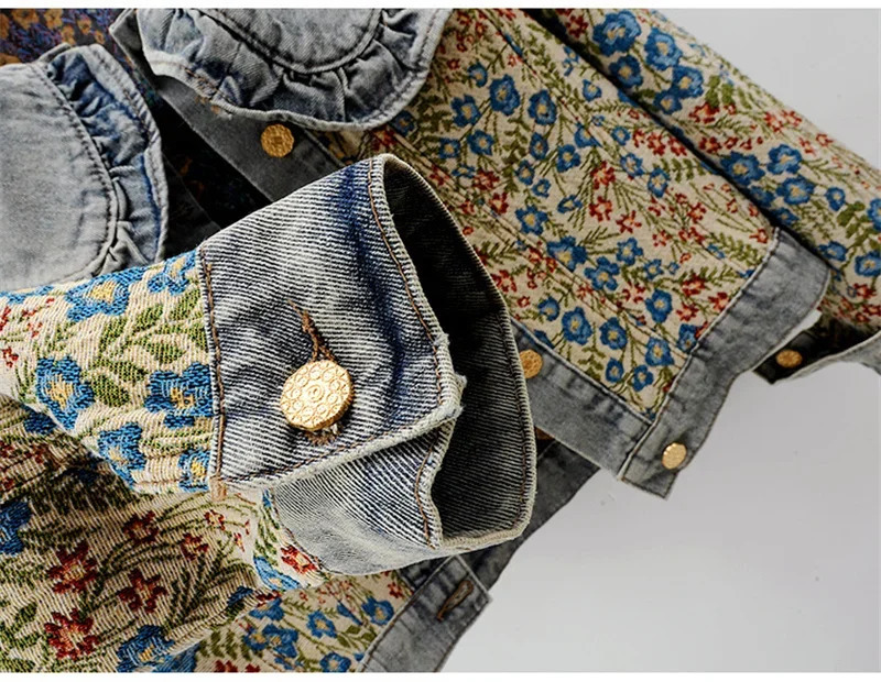 Spring Autumn Jacquard Embroidery Denim Jacket Women Loose Short Cowboy Outerwear Casual Peter Pan Collar Jeans Jacket Female 250825