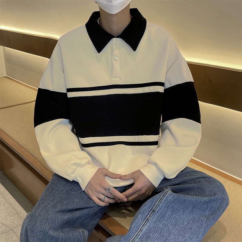 American Color Block Sweatshirt Unisex Loose Polo Shirt Couple Outfit Turn-down Collar Outerwear Ins Style Cool National Trend Top