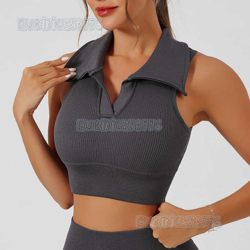 Polo Turndown Collar Sports Vest with Ribbed Straps and Chest Pads for Women Slim Fit Breathable Sleeveless Yoga Fitness Top H250825