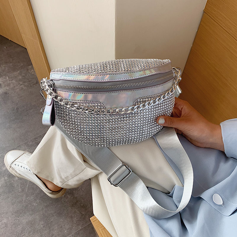 Glamorous Shiny Crossbody PU with Chain Handle & Adjustable Strap Spacious Zip Chest Bag for Work R250327