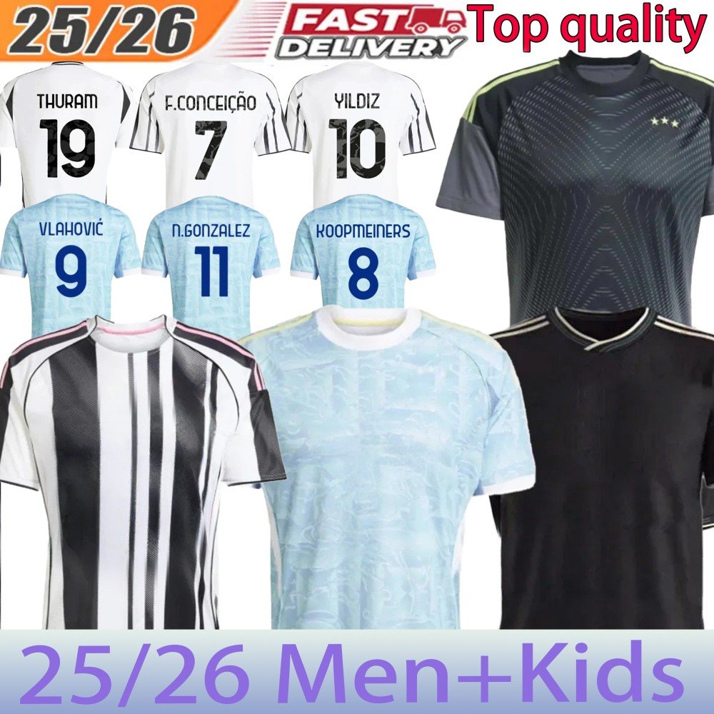 Juve 25 26 Soccer Jerseys Fans Player Home Away Yildiz Vlahovic F.CONCEICAO DOUGLAS LUIZ Thuram N.GONZALEZ Gatti Kalulu 2025 Football Shirt Men Kids kit Juve Jerseys