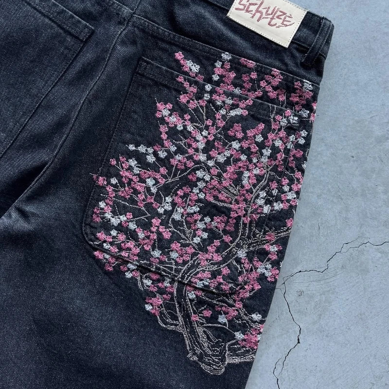 Sakura tree Embroidered Jeans Y2K Trendy Graphics Fish Man Black Jeans Retro Harajuku Zipper Jeans Gothic Hip Hop Street Wear 250826