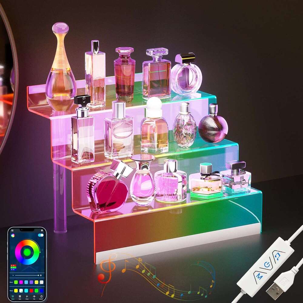 12 Acrylic with LED Light - 3 Tier Perfume Stand and Display Step Shees Holder, Cologne Organizer for Men, Figures Stand, Porta Perfumes Para Tocador,