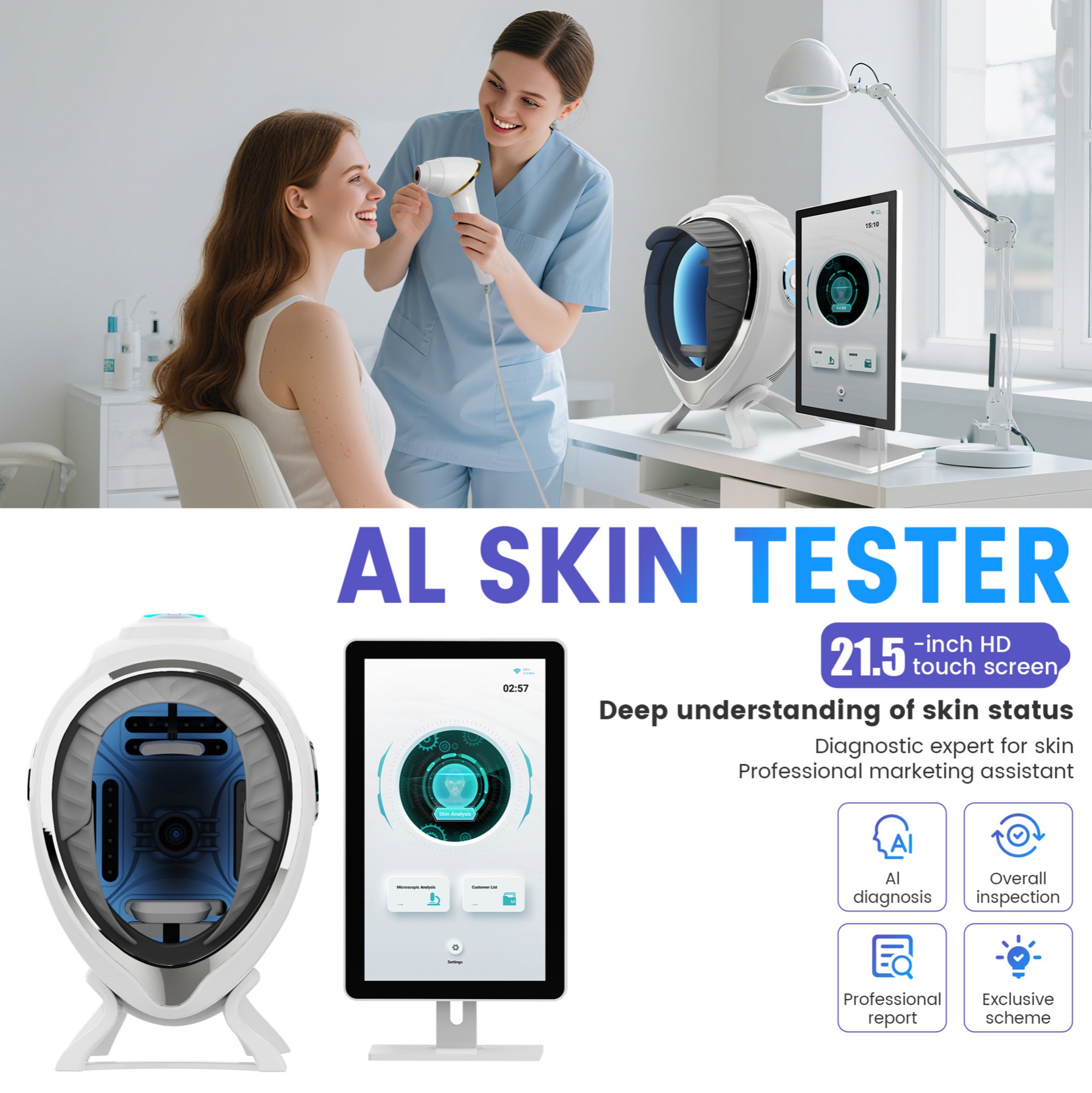 3D Facial Detection Mirror Acne Scanner Skin Analysis Detector With Facial Detection Camera Professional for Skincare Management