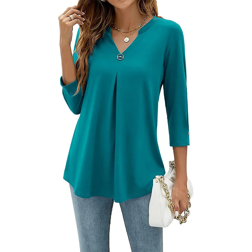 2024 Spring Autumn Women Tshirt V Neck 3/4 Sleeve Pin Decor Pleated Hem Solid Color Slim Fit Tunic Tshirt Tops Blouse250825