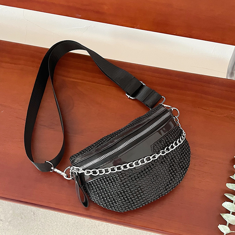 Glamorous Shiny Crossbody PU with Chain Handle & Adjustable Strap Spacious Zip Chest Bag for Work R250327