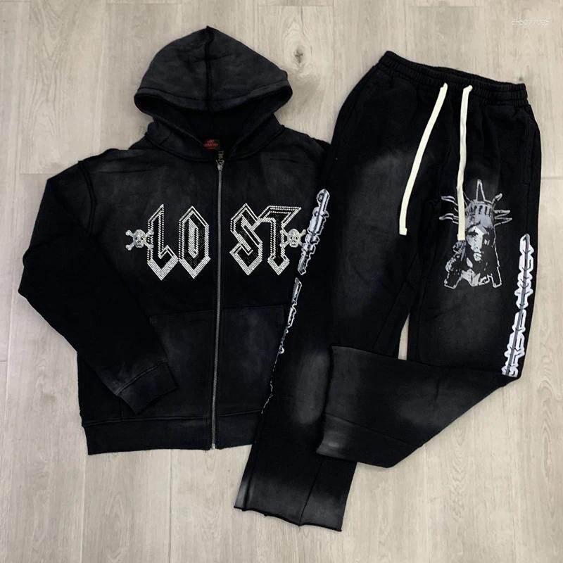 Men's Hoodies Retro Streetwear Trend Brand Lost Intricacy Hoodie Skull Drill Cardigan Men Women Casual Fashion Zipper Hooded Sweatshirt