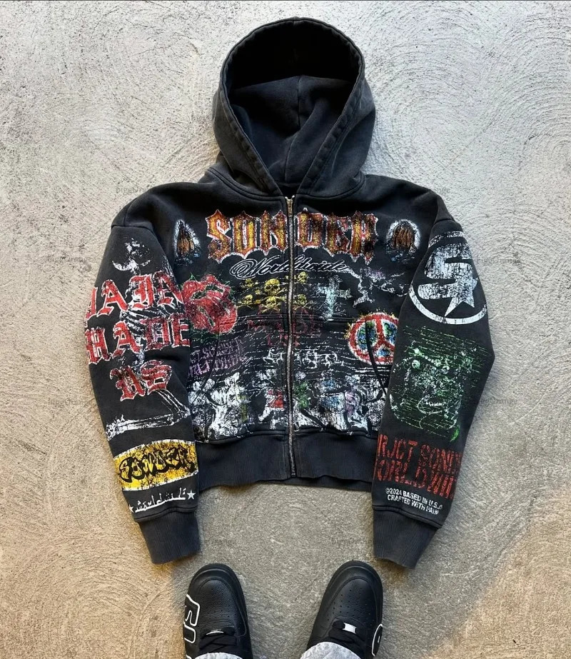 American Retro Skull Graphic Zipper Hoodie Men Gothic Punk Trendy Streetwear Jacket Hip Hop Harajuku Y2K Oversized Sweatshirt 250825