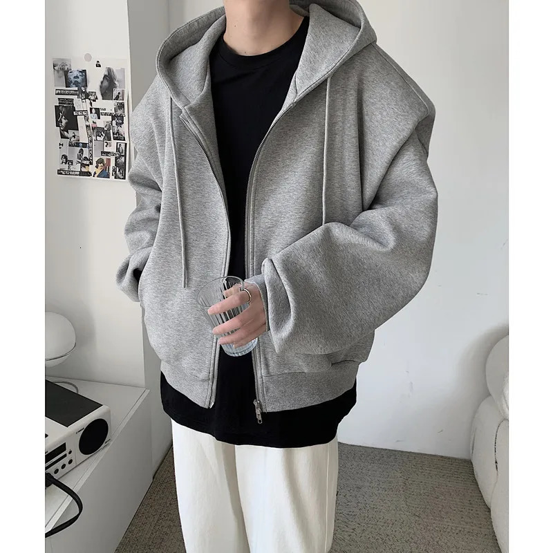 Autumn Winter Korean Style Solid Loose Mens Hooded Sweatshirt Fashion Harajuku Casual Zip Up Hoodie for Men Y2k Streetwear 250818