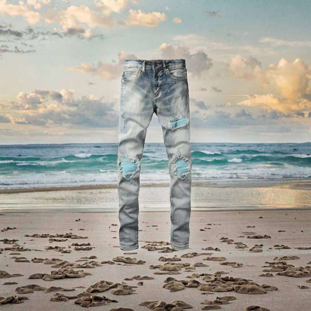 New Arrival Men's Light Blue High Street Straight Fit Jeans Casual Slim with Ripped Patch Design Elastic Small Leg OEM Available