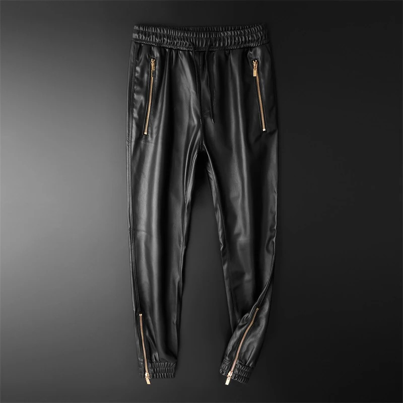 Mens Leather Pants Superior Quality Elastic Waist Jogger Pants PU Leather Motorcycle Trousers Bikers Pants250825