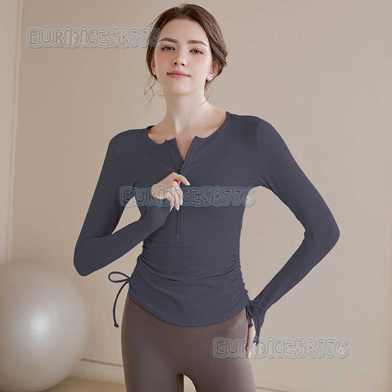 Highend Drawstring Yoga Long Sleeve Tshirt for Women 2025 Autumn Winter Sports Waist Slimming Running Fitness Top H250825