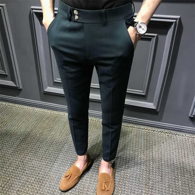 Mens Fashion Slim Fit Comfortable Ankle Length Suit Pants Casual Elastic Solid Small Foot Nine Point Pants Commuting Wear W250826