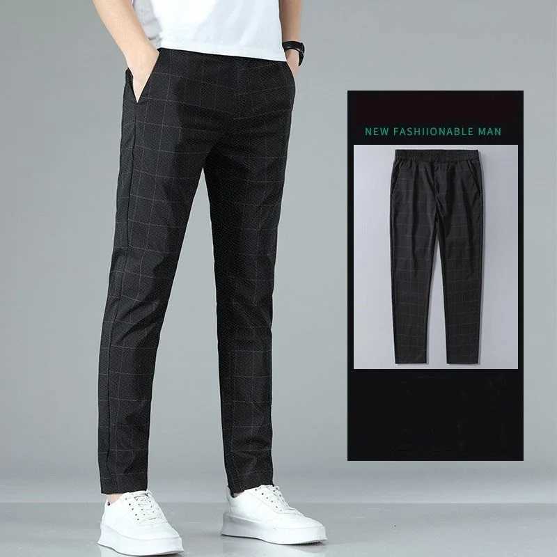 Summer Thin Grid Formal Elastic Pants for Men Slim Fit Business Gray Black Casual Pants Fashionable Mens Pants W250826