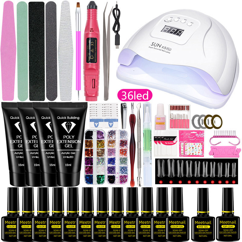 Nail Manicure Set Poly Gel Kit with 36 132W UV LED Lamp Polish Soak Off Varnish Professional Art Tools 230703