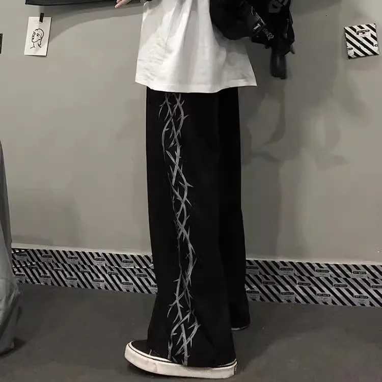 Korean version of the trend of high street retro thorn print Harajuku style loose straight wide leg pants casual pants W250826