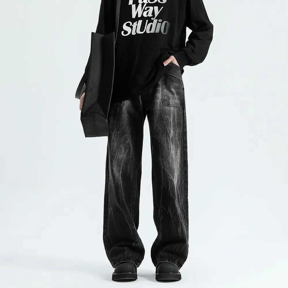 Vintage high street trendy brand gradient straight-leg jeans - Spring/Summer new style, loose fit, slimming, versatile, water-washed, with subtle frin