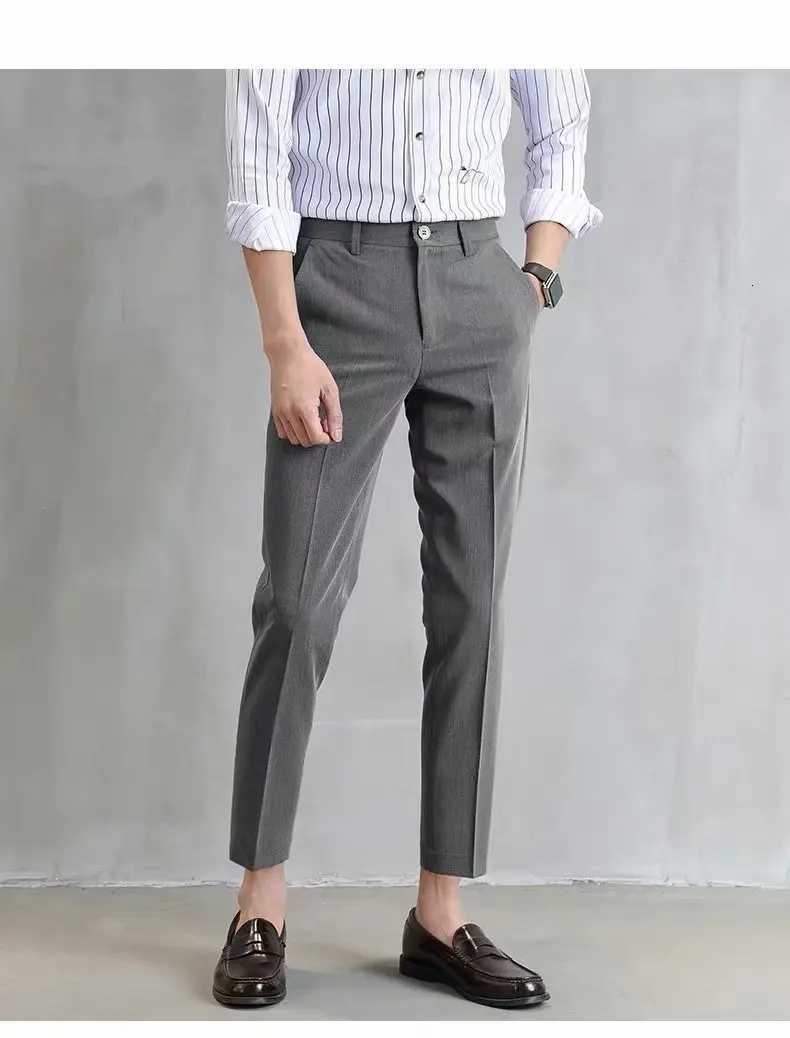 Mens elastic straight leg pants business casual cropped pants mens formal suit pants solid color W250826