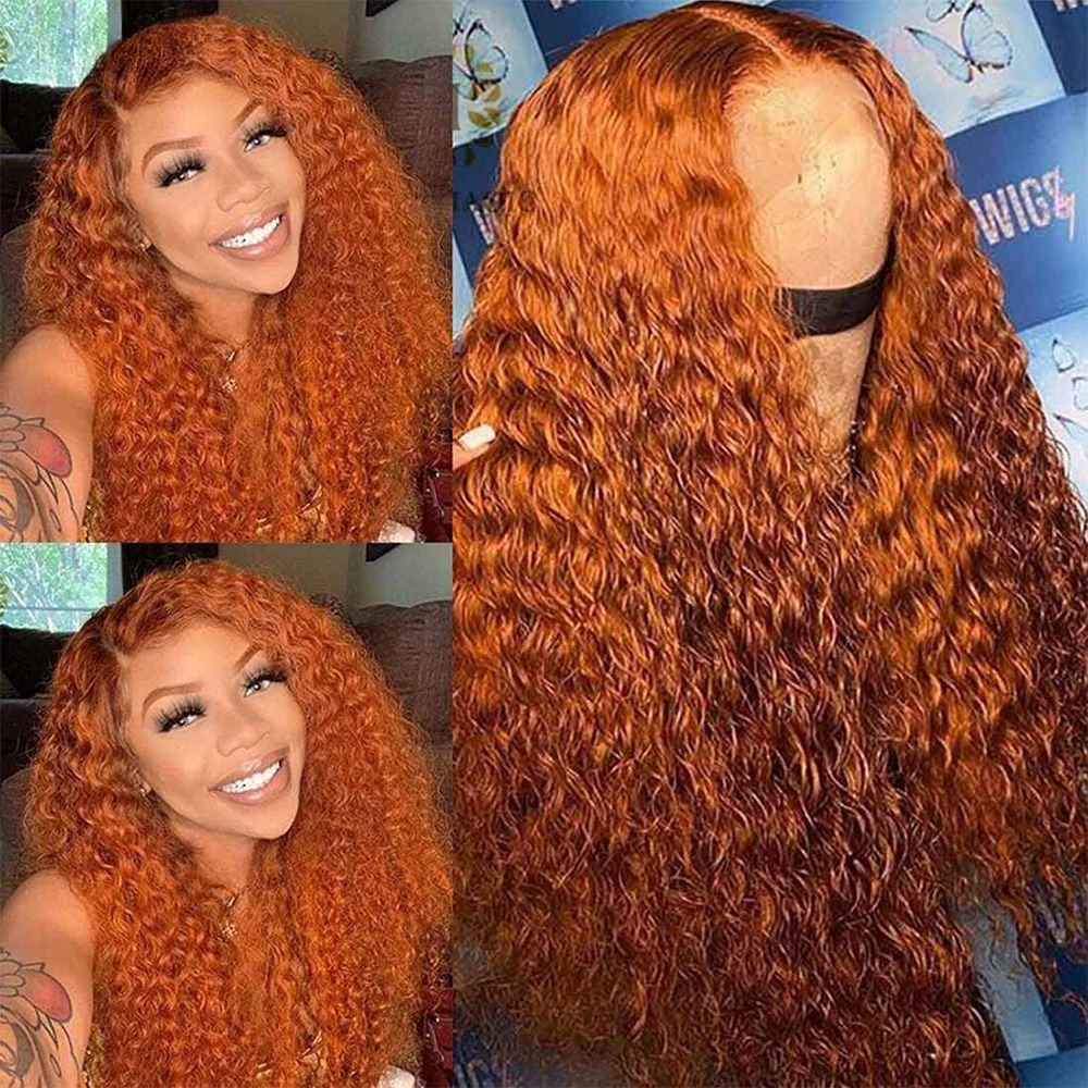 Hd Transparent Lace Ginger Orange Lace Front Wig Preplucked Hairline Deep Wave Curly Full Lace Front Human Hair Wigs Water Wave HD Lace Frontal Wigs F