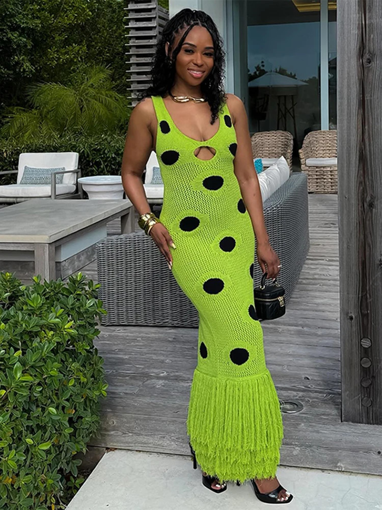 Polka Dot Tassels Knitted Sling Dresses Backless Sleeveless Patchwork Tassels Slim Split Hollow Out Maxi Robe Female Party Gown 250826