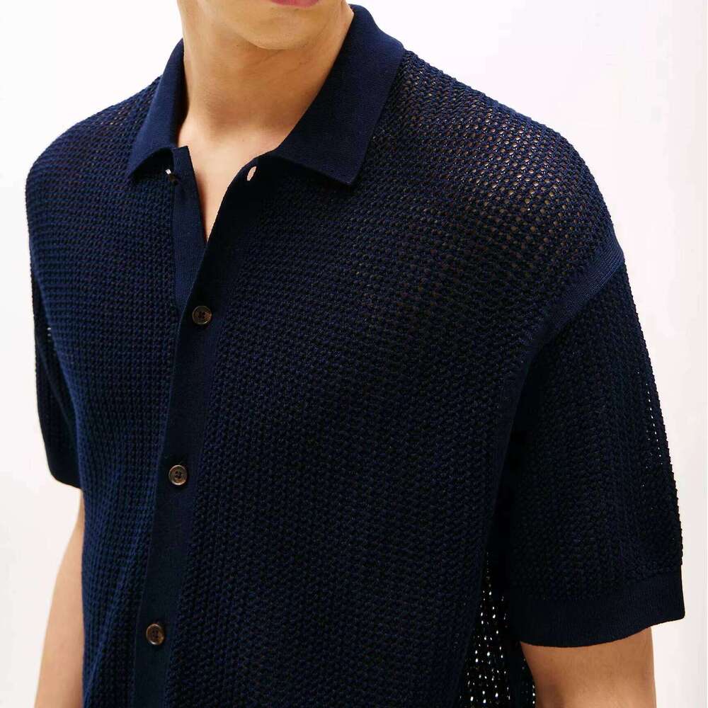 Custom Men's Summer Cardigan 100% Cotton Mesh Knit Breathable Plus Size Casual Short Sleeve for Polo Collar Shirt Yarn Dyed