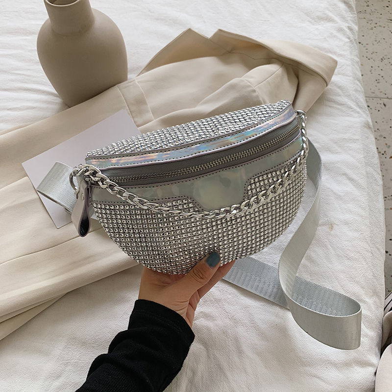 Glamorous Shiny Crossbody PU with Chain Handle & Adjustable Strap Spacious Zip Chest Bag for Work R250327