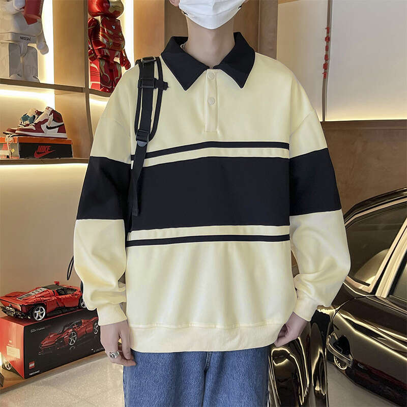 American Color Block Sweatshirt Unisex Loose Polo Shirt Couple Outfit Turn-down Collar Outerwear Ins Style Cool National Trend Top